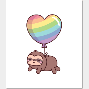 Cute Sloth With Rainbow Heart Balloon Posters and Art